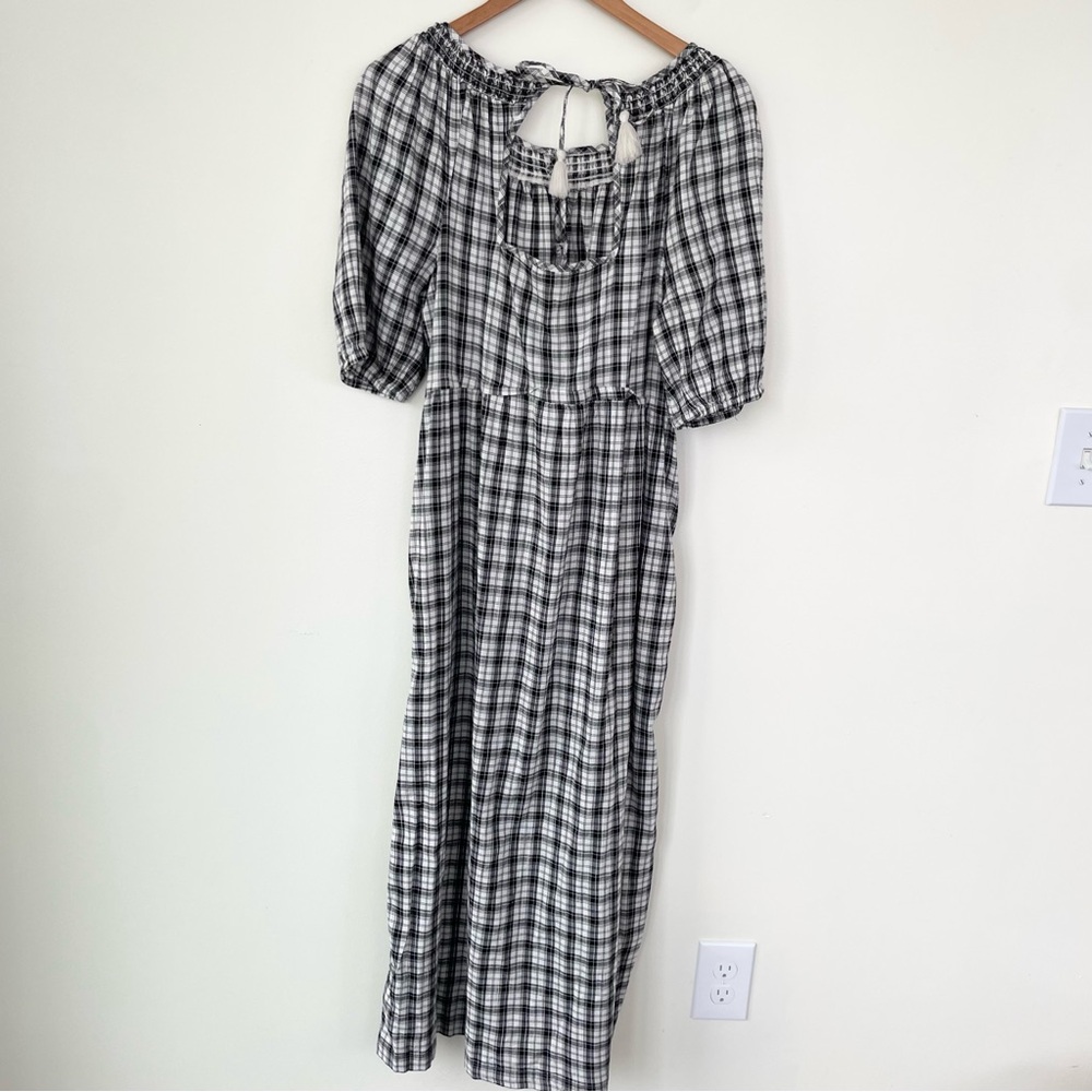 Old Navy Puff-Sleeve Plaid Smocked Midi Swing Dress MT Medium Tall Black Plaid - Picture 7 of 12